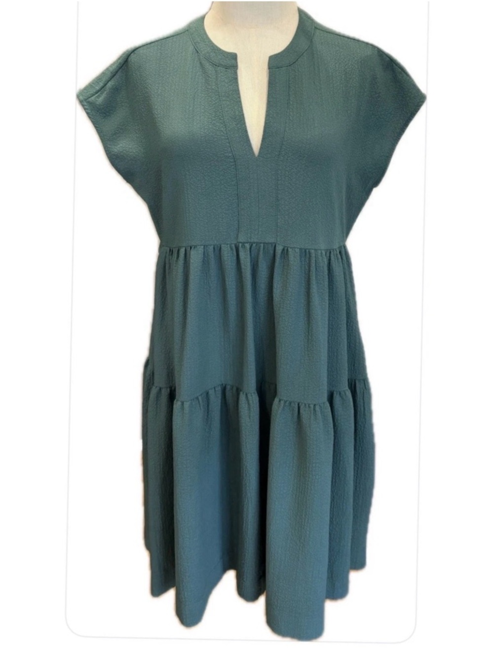 Calvin Klein NWOT Teal Tiered V-Neck Babydoll  Short Sleeves Belted Dress 4